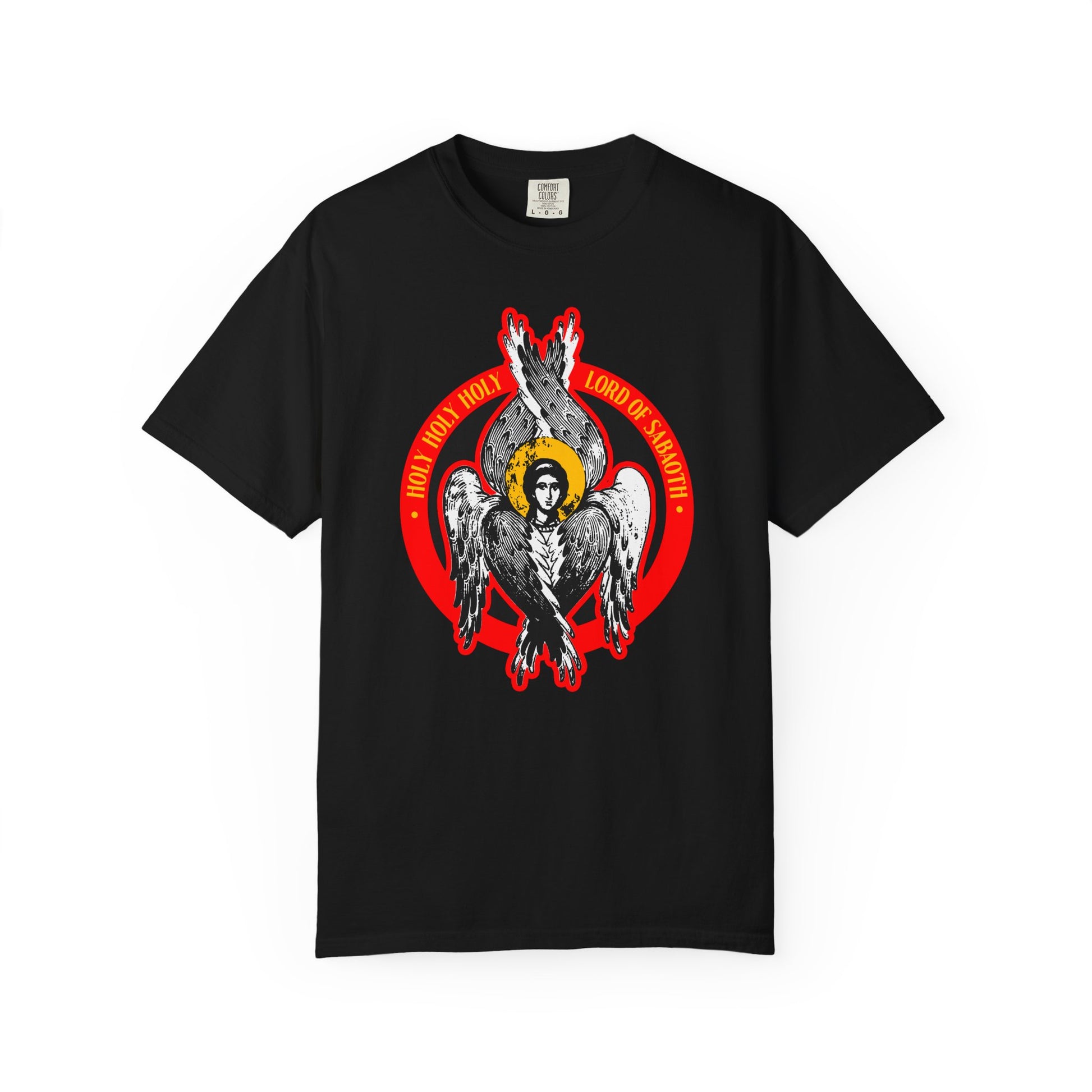 Black heavyweight cotton tee with a seraphim angel icon surrounded by wings, red flames, and the words “HOLY HOLY HOLY LORD OF HOSTS,” inspired by Isaiah 6. Unisex fit.
