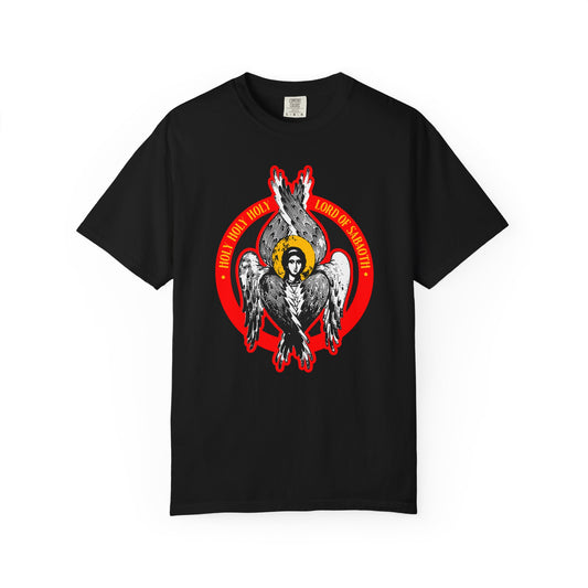 Black heavyweight cotton tee with a seraphim angel icon surrounded by wings, red flames, and the words “HOLY HOLY HOLY LORD OF HOSTS,” inspired by Isaiah 6. Unisex fit.