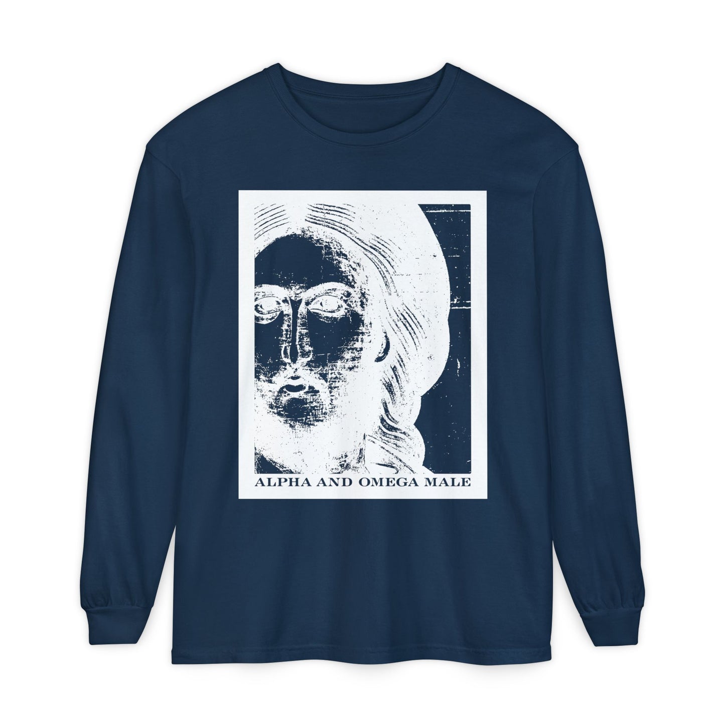 True Navy long-sleeve cotton shirt featuring a white photonegative Jesus Christ icono-graphic, "Alpha & Omega Male" text, and "I am the Beginning & the End (Rev 22)"—symbolizing new heaven and new Jerusalem.