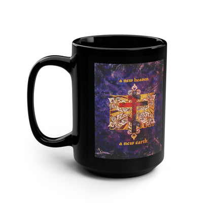 A New Heaven/A New Earth | Red Orthodox Cross on Textured Ornate Background | Orthodox Christian Black Mug