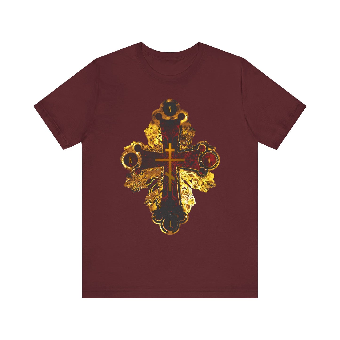 Maroon lightweight cotton unisex T-shirt featuring an ornate metallic style Orthodox NIKA cross in red and gold, inspired by the Sessional Hymn from Tone 3 Tuesday Matins.