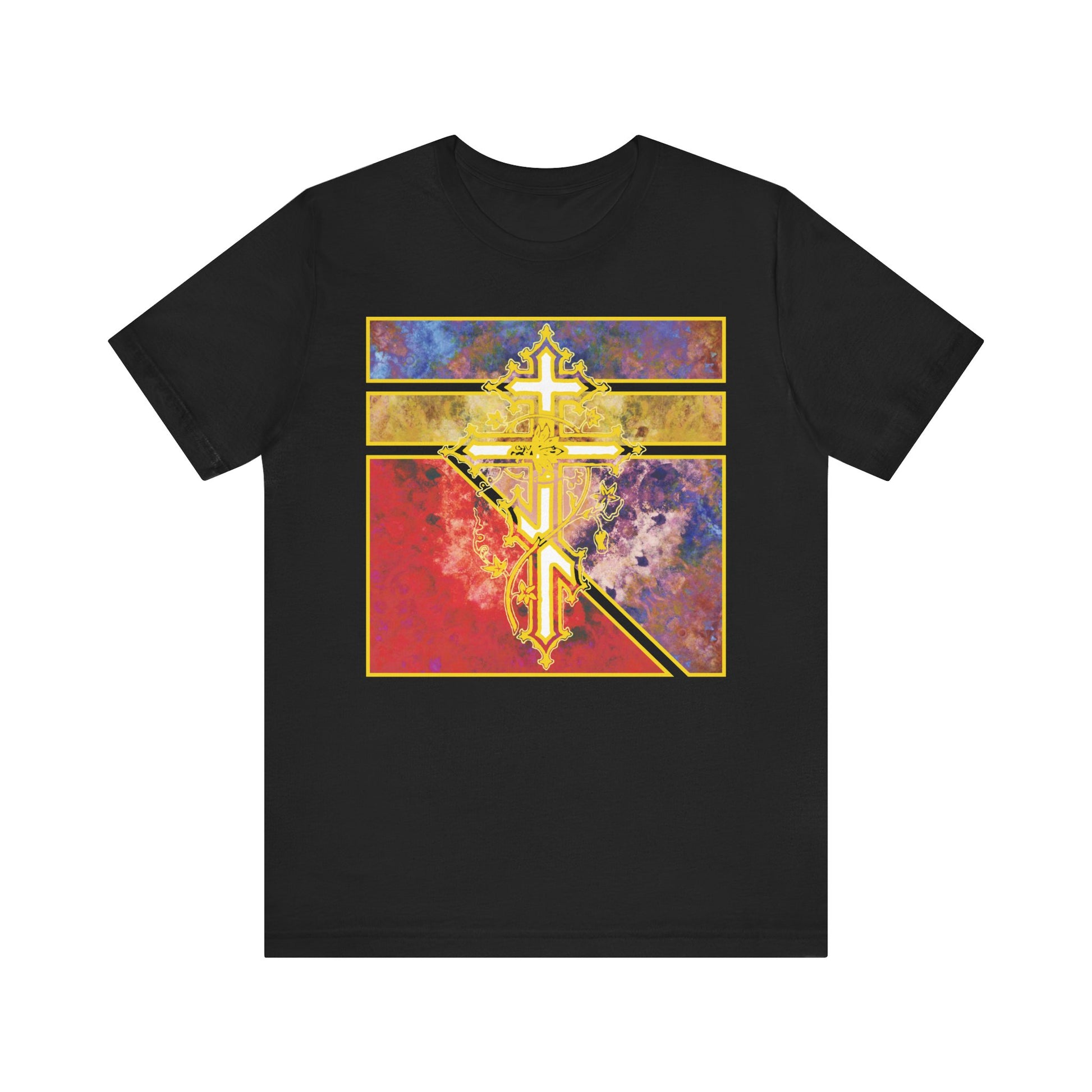 Black lightweight cotton unisex t-shirt featuring an ornate Orthodox cross with vine design and textured geometric pattern on a vibrant abstract square background.