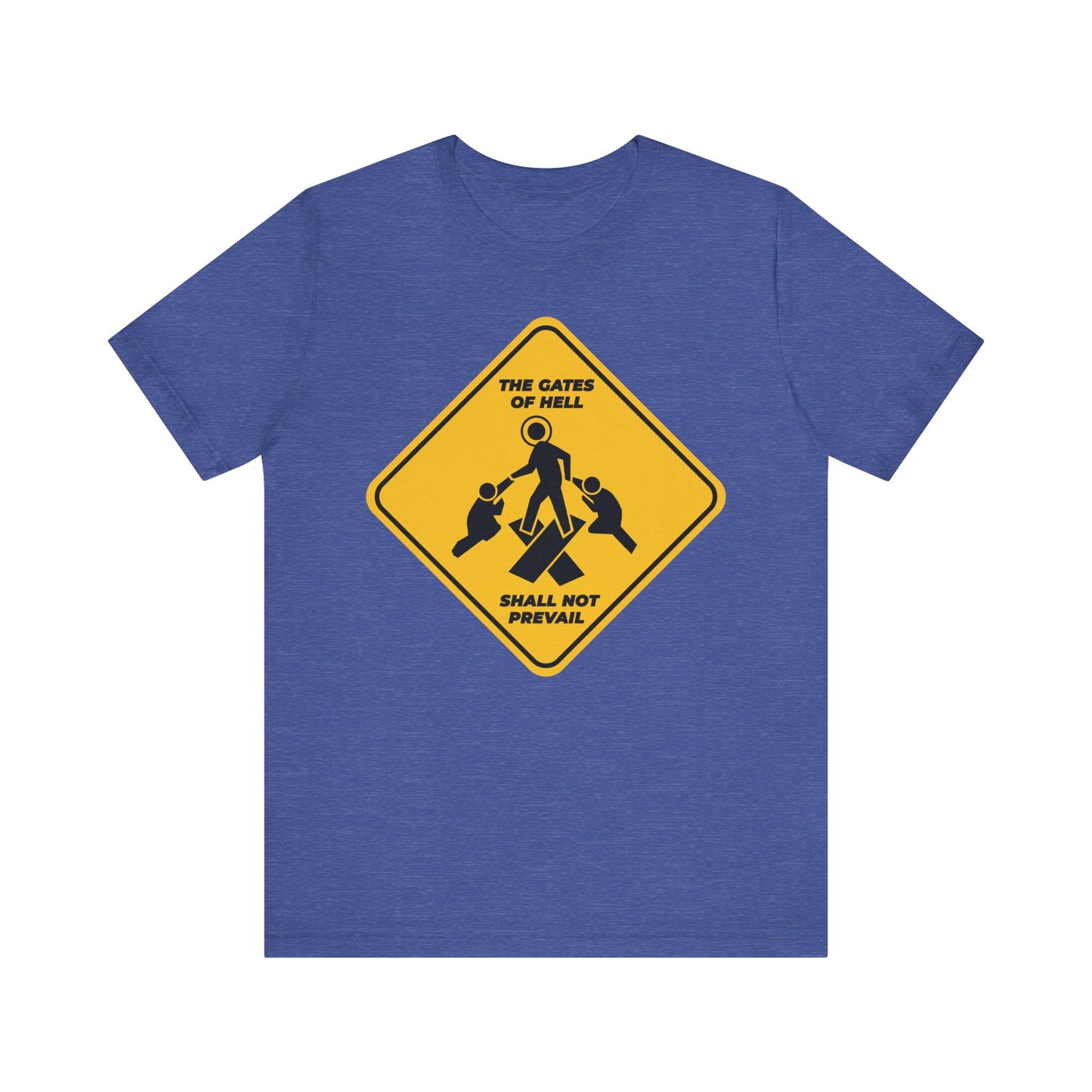 Heather True Royal cotton tee with minimalist yellow street sign icon and “Gates of Hell Shall Not Prevail”—inspired by Isaiah 45:2-3 & "Trampling Down Death By Death." Lightweight unisex Pascha shirt.