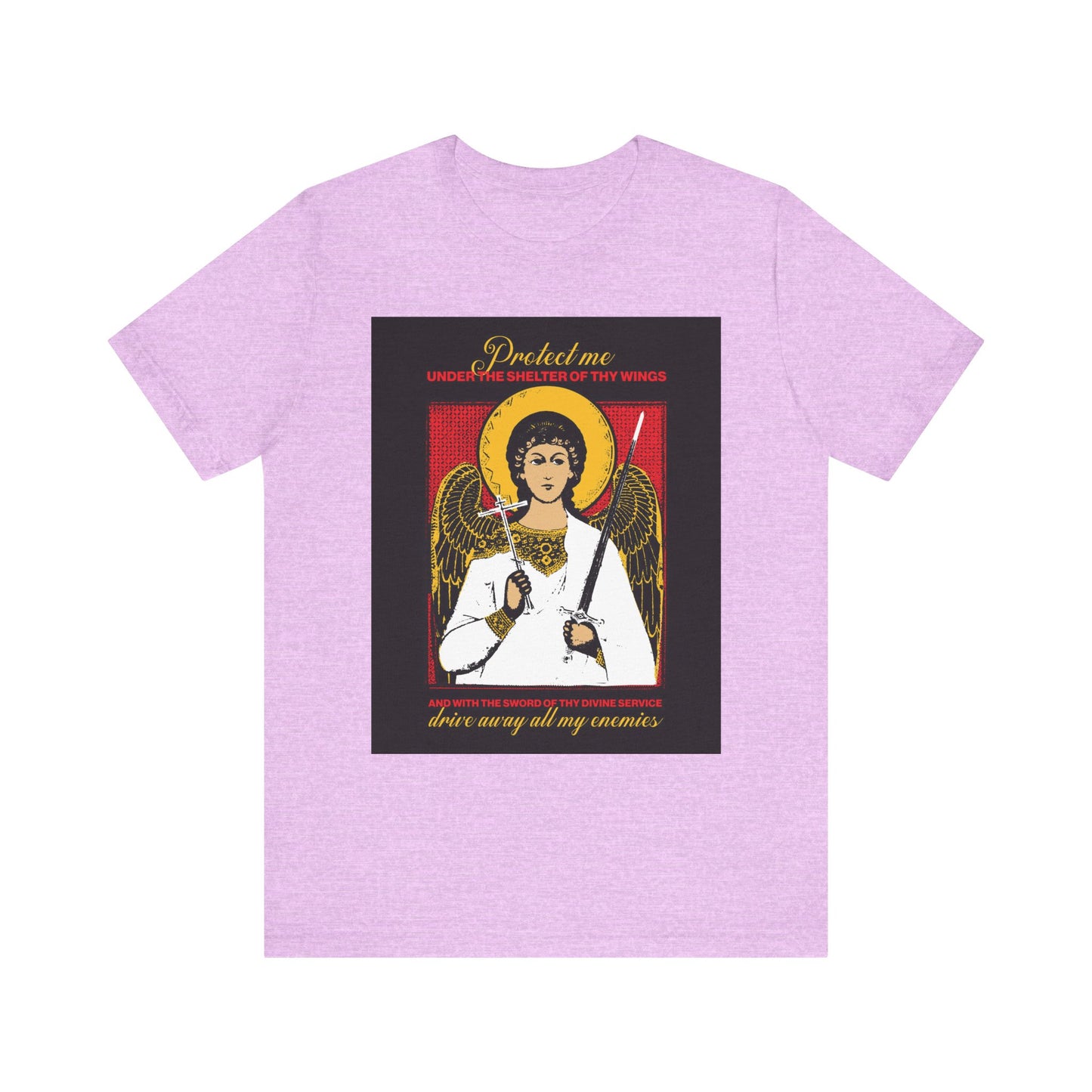 Heather Prism Lilac t-shirt featuring a Holy Guardian Angel holding a sword & cross, with protection prayer: "Drive Away My Enemies." Lightweight cotton unisex tee for a gentle reminder of divine protection.