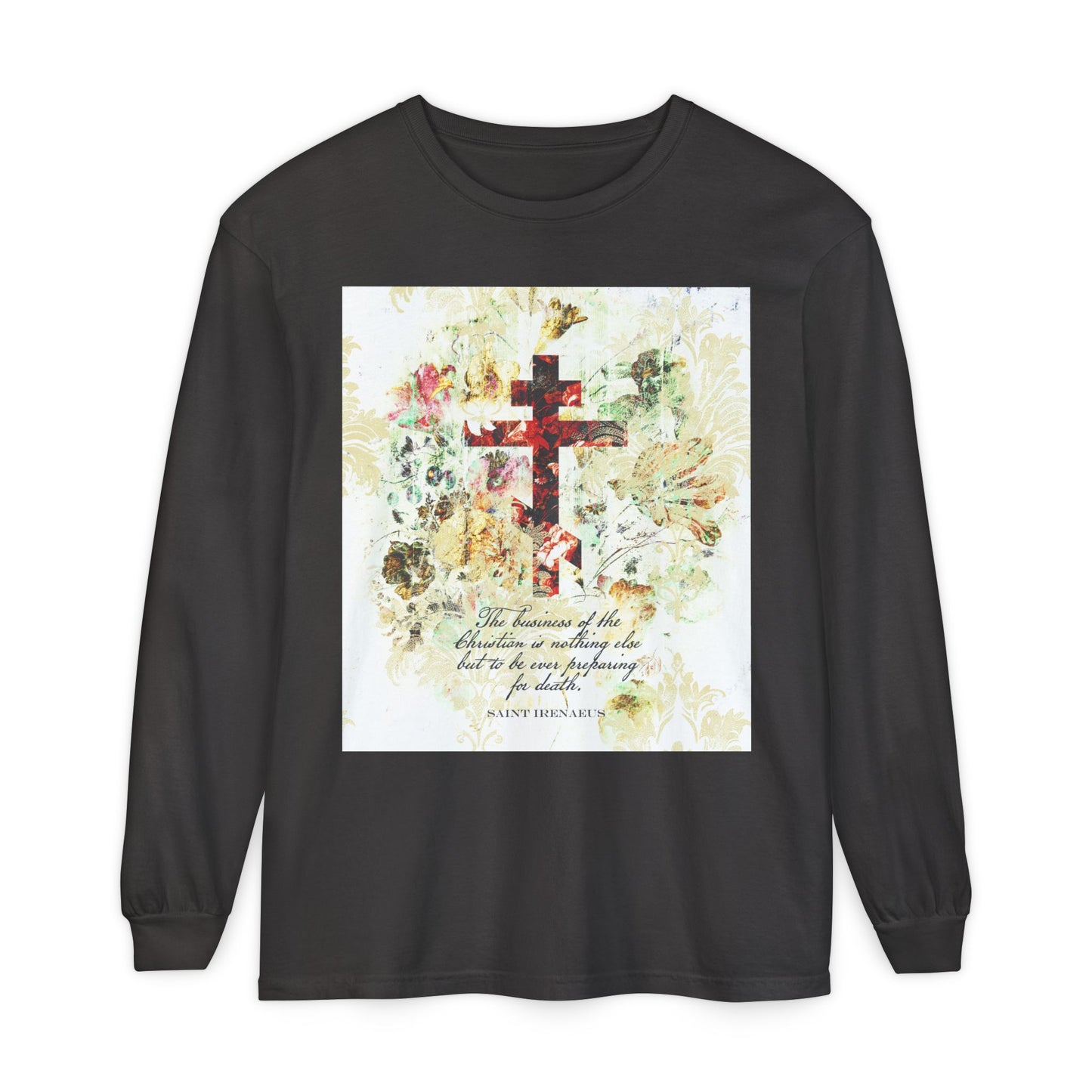 Preparing For Death | White & Beige Floral Scrapbook Texture Cross | Arts & Crafts Style | St Irenaeus | Orthodox Christian Long Sleeve Shirt