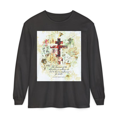 Preparing For Death | White & Beige Floral Scrapbook Texture Cross | Arts & Crafts Style | St Irenaeus | Orthodox Christian Long Sleeve Shirt