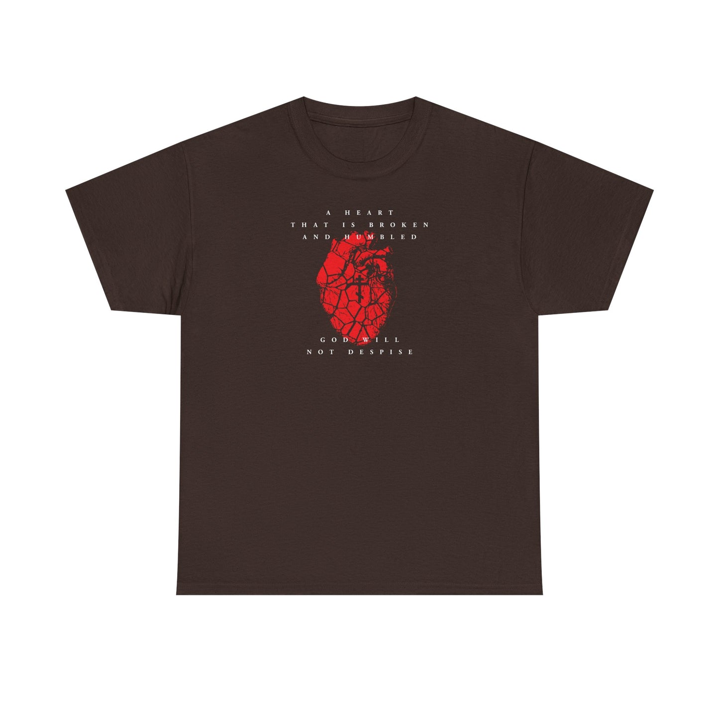 Dark Chocolate T-shirt with a cracked red heart and Orthodox cross, featuring “A Heart That is Broken and Humbled God Will Not Despise”—a Christian heavy cotton tee inspired by Psalm 51, symbolizing repentance and hope.