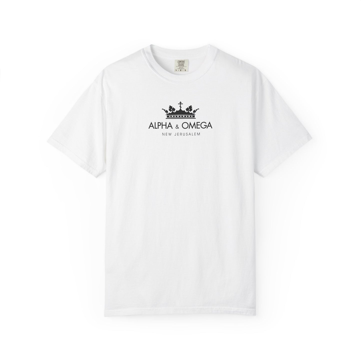 White Alpha & Omega New Jerusalem Crown with Orthodox Cross Heavyweight Cotton Unisex T-Shirt featuring black crown, Orthodox cross, and “Alpha & Omega New Jerusalem” text inspired by mystical themes of Christ the Eternal Tao, printed on the front.