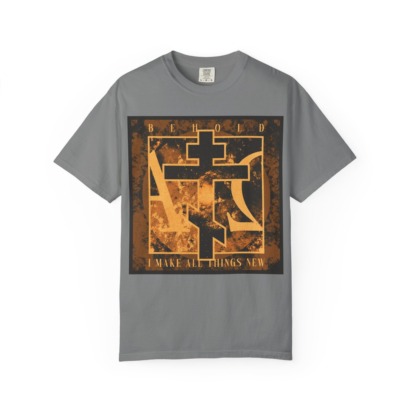 Grey heavyweight cotton unisex t-shirt featuring a bold brown and orange Orthodox cross with Alpha & Omega background, and the text "Behold, I Make All Things New" (Rev 21:5), inspired by the promise of a new heaven and new earth.