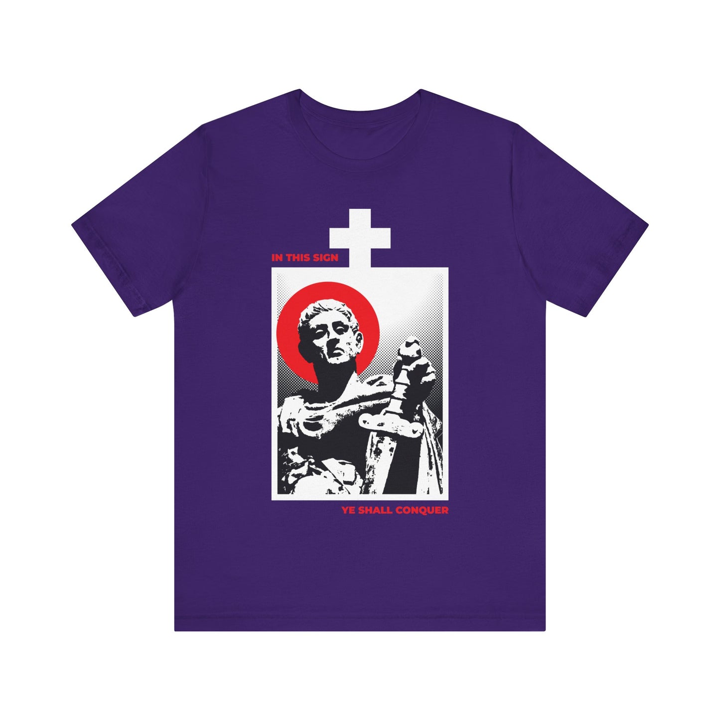 Team Purple cotton t-shirt—In This Sign Ye Shall Conquer—features St Constantine the Great with a sword, white cross, and red halo. Orthodox Christian design inspires you to conquer your passions and take up your cross.