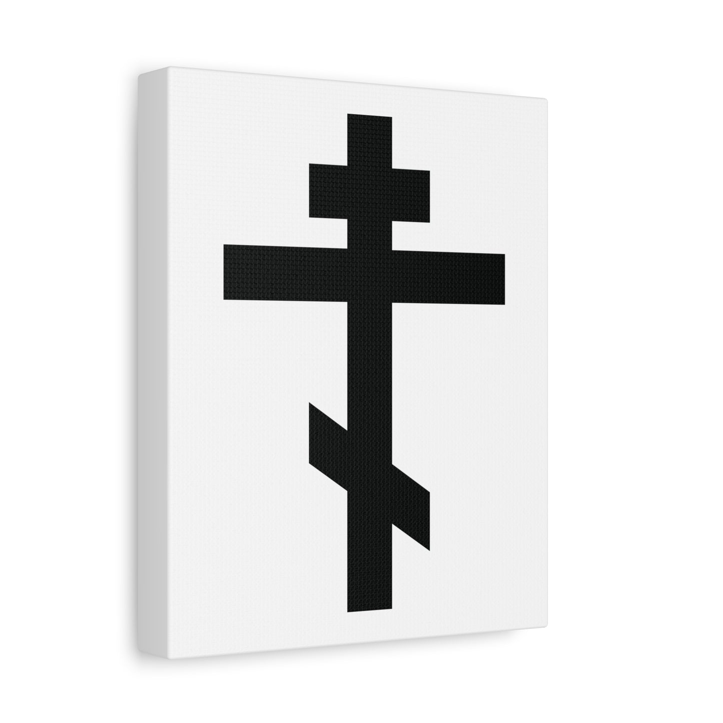The "Black Orthodox Cross White Background" canvas art features a black Orthodox cross on white, inspired by Galatians 6:14—"May I never boast, except in the cross of our Lord Jesus Christ.