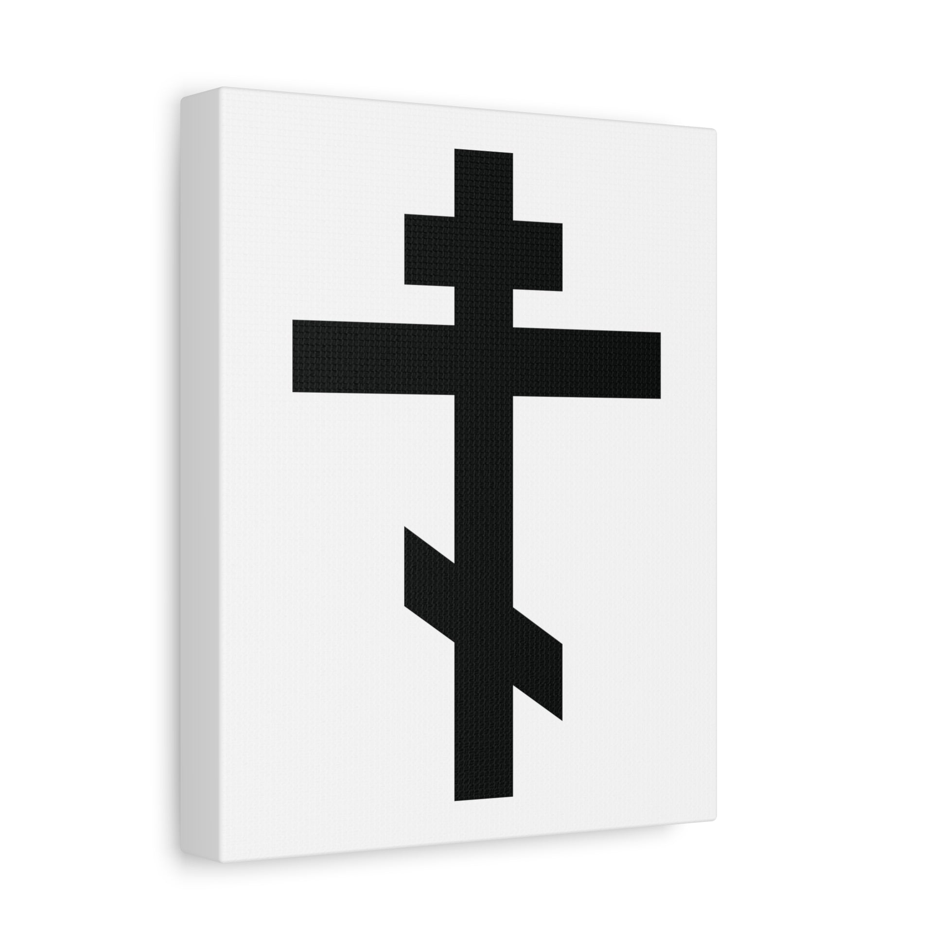 The "Black Orthodox Cross White Background" canvas art features a black Orthodox cross on white, inspired by Galatians 6:14—"May I never boast, except in the cross of our Lord Jesus Christ.