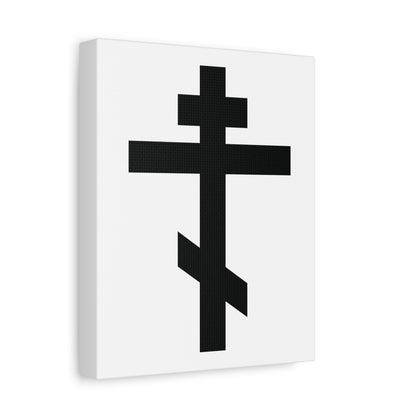 The "Black Orthodox Cross White Background" canvas art features a black Orthodox cross on white, inspired by Galatians 6:14—"May I never boast, except in the cross of our Lord Jesus Christ.