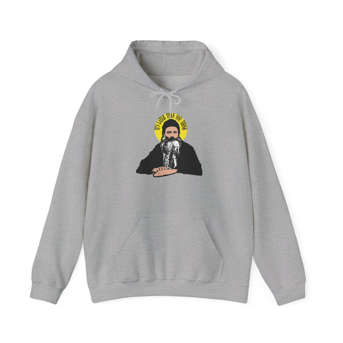 Sport Grey hoodie featuring a bearded man with a yellow halo and the quote “It’s Later Than You Think” from Fr Seraphim Rose, a modern American Orthodox Christian saint—an evocative design inspired by Orthodox iconography.
