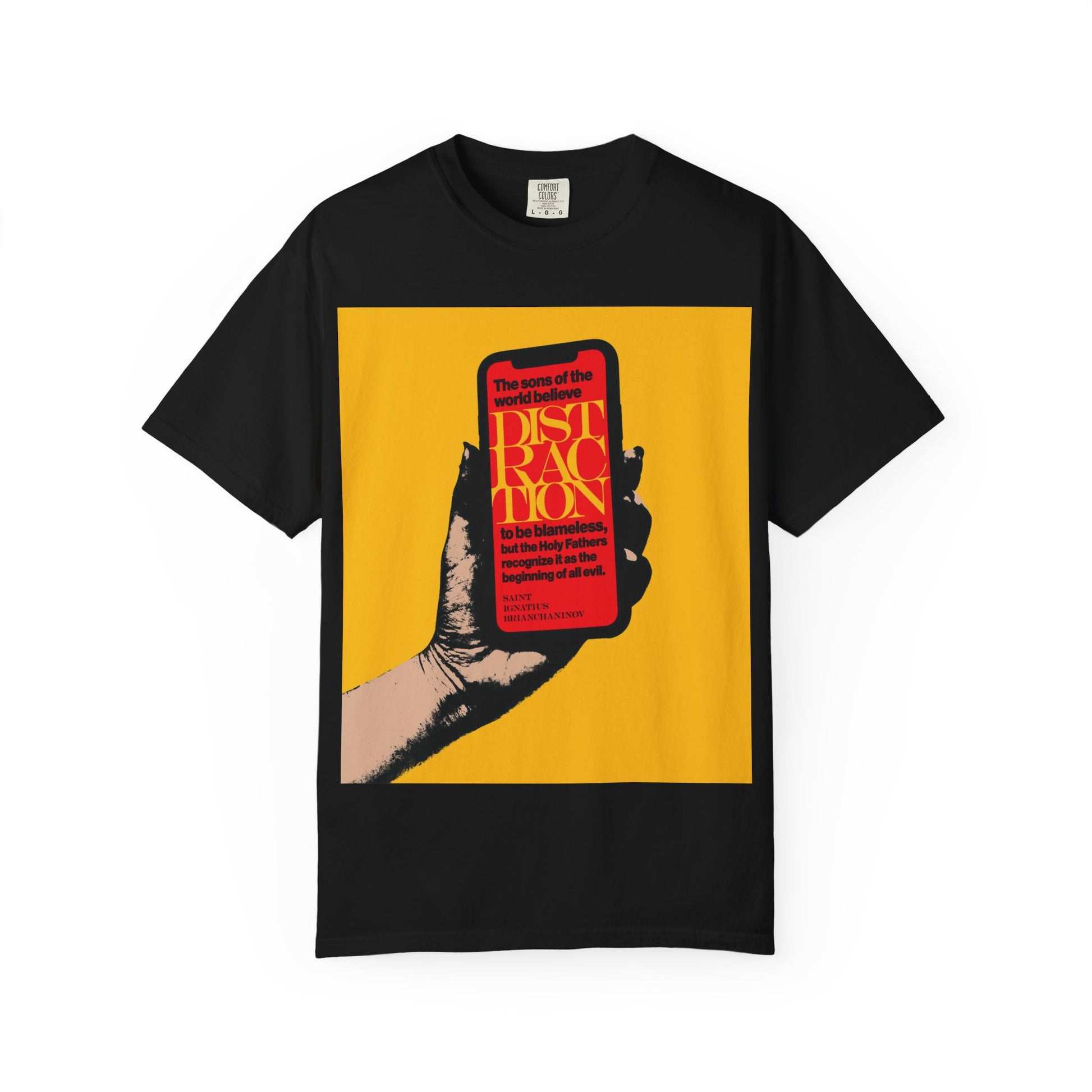 Black heavyweight cotton unisex tee featuring a graphic of a hand holding a phone, with red and yellow text referencing “Distraction is the Beginning of All Evil” by St Ignatius Brianchaninov—highlighting Orthodox Christian wisdom on mobile phone addiction.