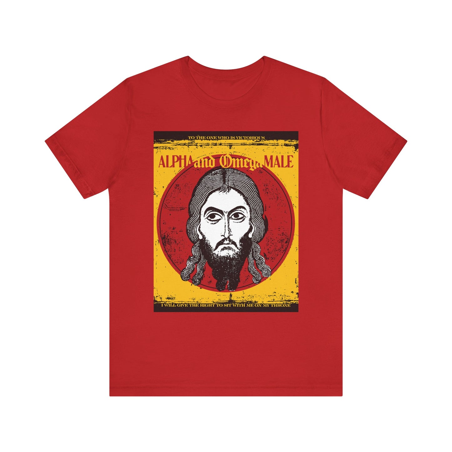 Red tee featuring Jesus Christ Image of Edessa with "Alpha & Omega Male" text in yellow and white, inspired by Revelation themes. Lightweight Orthodox unisex cotton shirt.