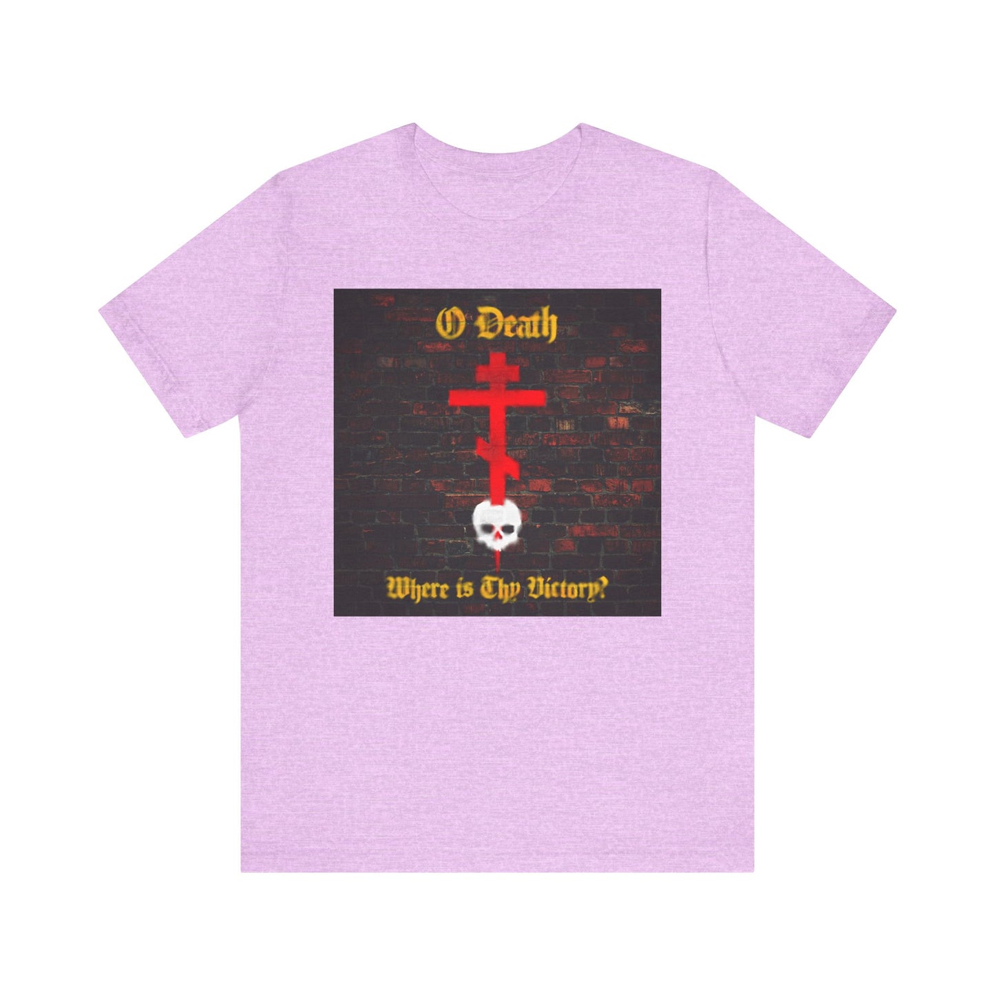 Heather Prism Lilac t-shirt featuring a red Orthodox cross piercing a white skull over a brick wall graffiti design, with "O Death, Where is Thy Victory?" in yellow text—a reference to St Cyril of Jerusalem's teaching on Baptism and the sting of death.