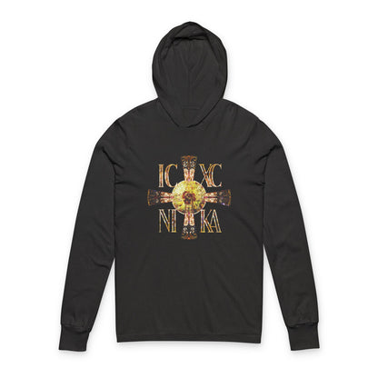 ICXC NIKA Celtic Style Equal Armed Cross | Bright Solar Texture | Orthodox Long Sleeve Hooded Shirt