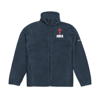 The Remembrance of Death NIKA Red Orthodox Cross Fleece is a dark blue Columbia jacket with a high collar, front zipper, zippered pockets, and features a red double-barred cross above "NIKA" referencing Revelation 3:21 plus a small white logo on the sleeve.