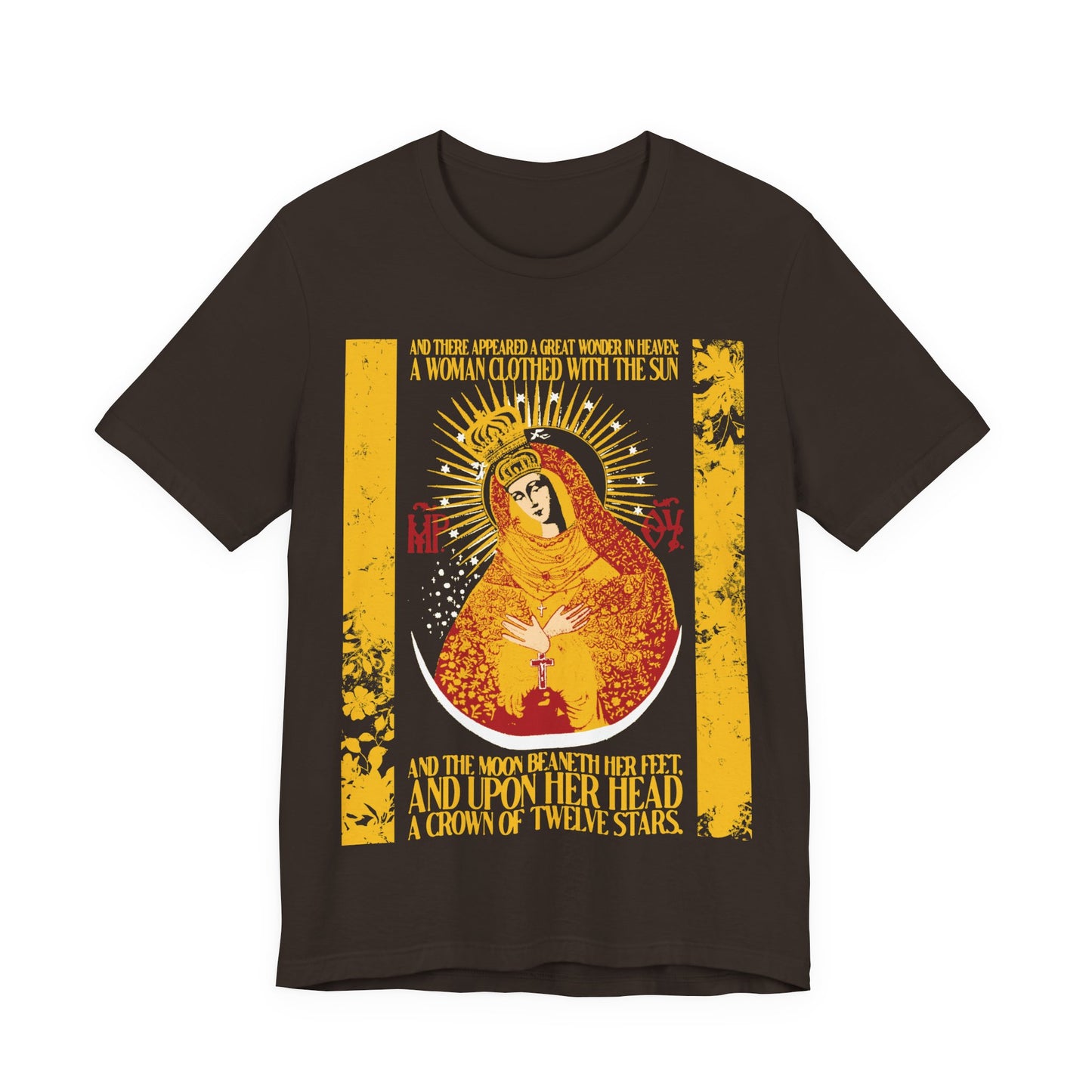 Our Lady the Gate of Dawn | Woman of the Apocalypse Rev 12:1 | Theotokos Gold Floral Texture Design | Orthodox Christian Cotton T-Shirt