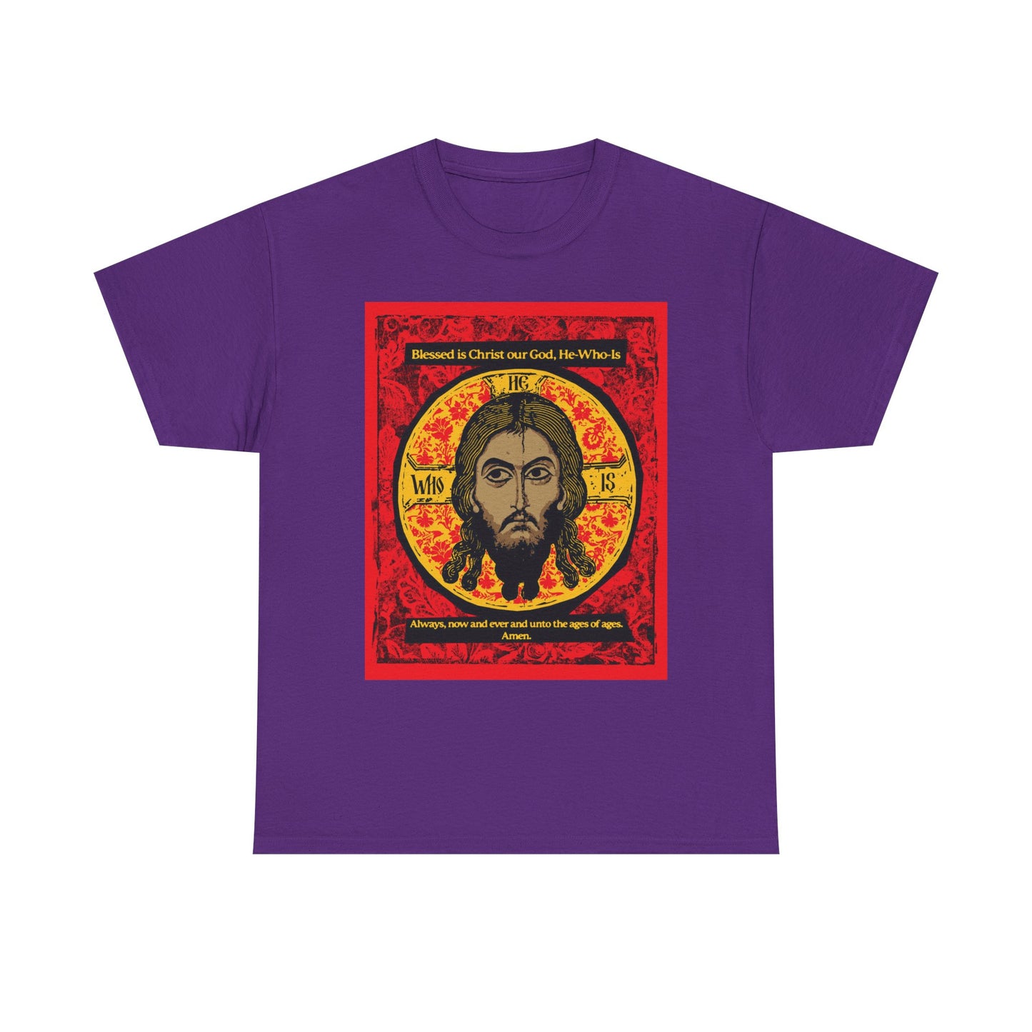 Purple "Made Without Hands" t-shirt featuring a graphic of Jesus Christ (Mandylion/Image of Edessa) with a halo and border, inspired by Orthodox hymn traditions. Heavy cotton, Christian icon design.