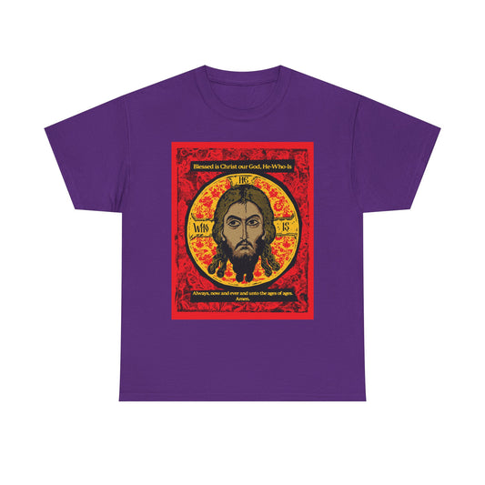 Purple "Made Without Hands" t-shirt featuring a graphic of Jesus Christ (Mandylion/Image of Edessa) with a halo and border, inspired by Orthodox hymn traditions. Heavy cotton, Christian icon design.