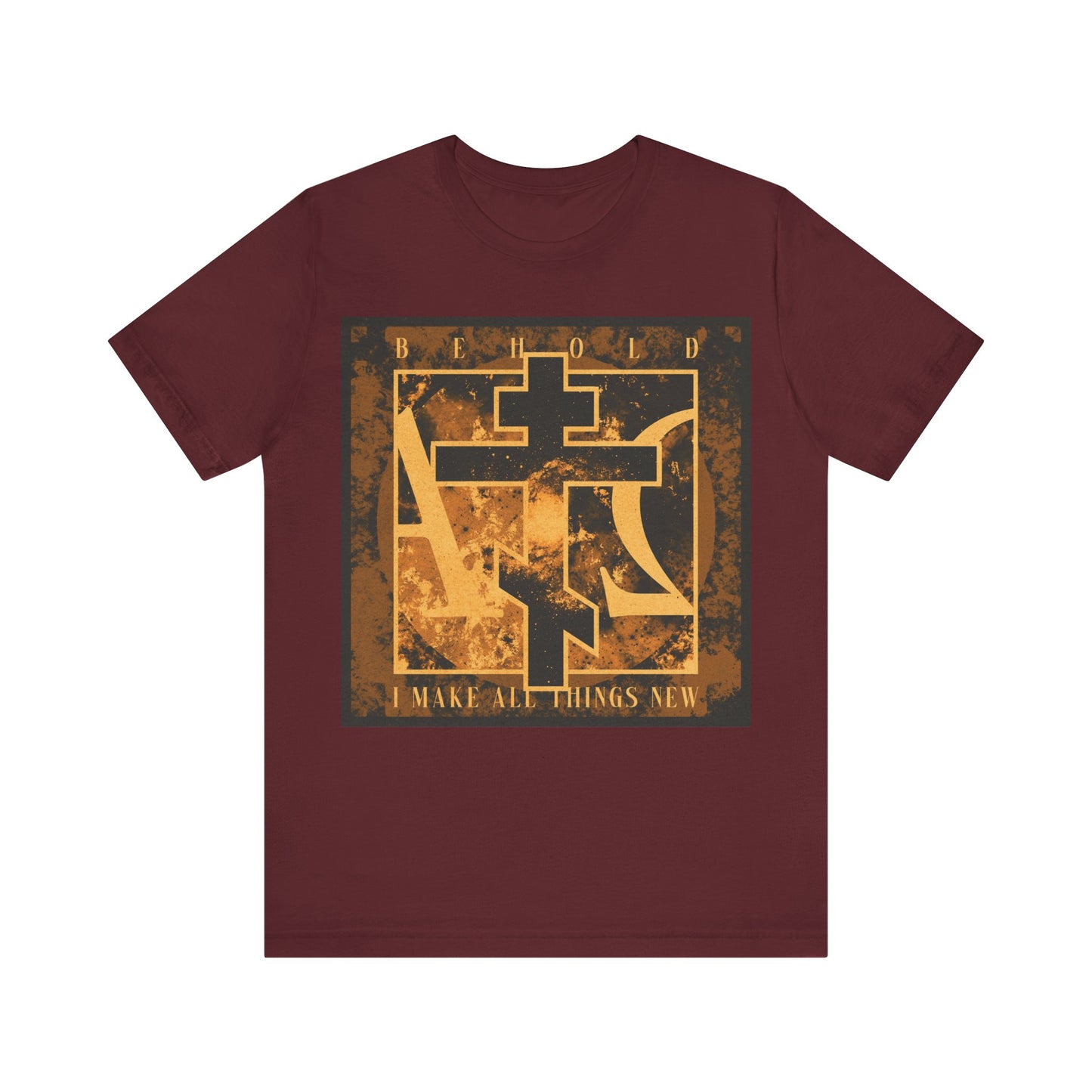 Maroon cotton t-shirt featuring a brown and orange Orthodox cross with Alpha & Omega design, and the words "Behold, I Make All Things New (Rev 21:5)"—inspired by the promise of renewal in Orthodox Christianity.