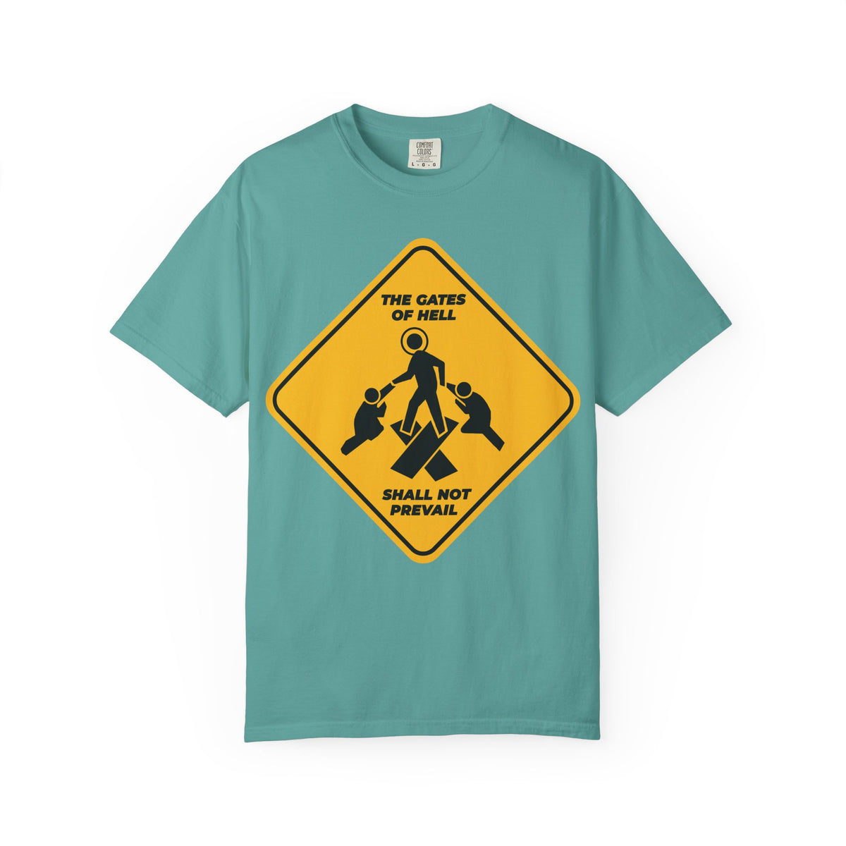 Seafoam heavyweight cotton unisex tee featuring a minimalist yellow street sign Pascha icon and the text: “The gates of hell shall not prevail”—a reminder of the treasures of darkness promised in Isaiah 45:2-3.