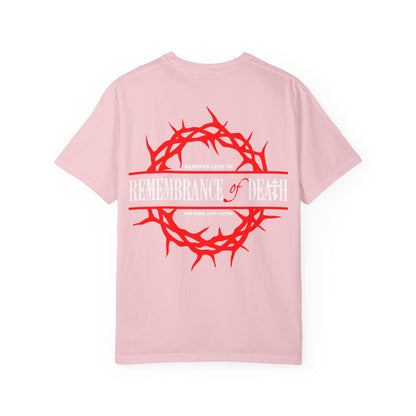 Always Live In Remembrance of Death Crown of Thorns unisex heavyweight cotton tee in pink, featuring a red thorn crown and “Remembrance of Death” text on the back, with a white Orthodox cross on the front left breast—a nod to the spiritual teachings of St John Climacus.