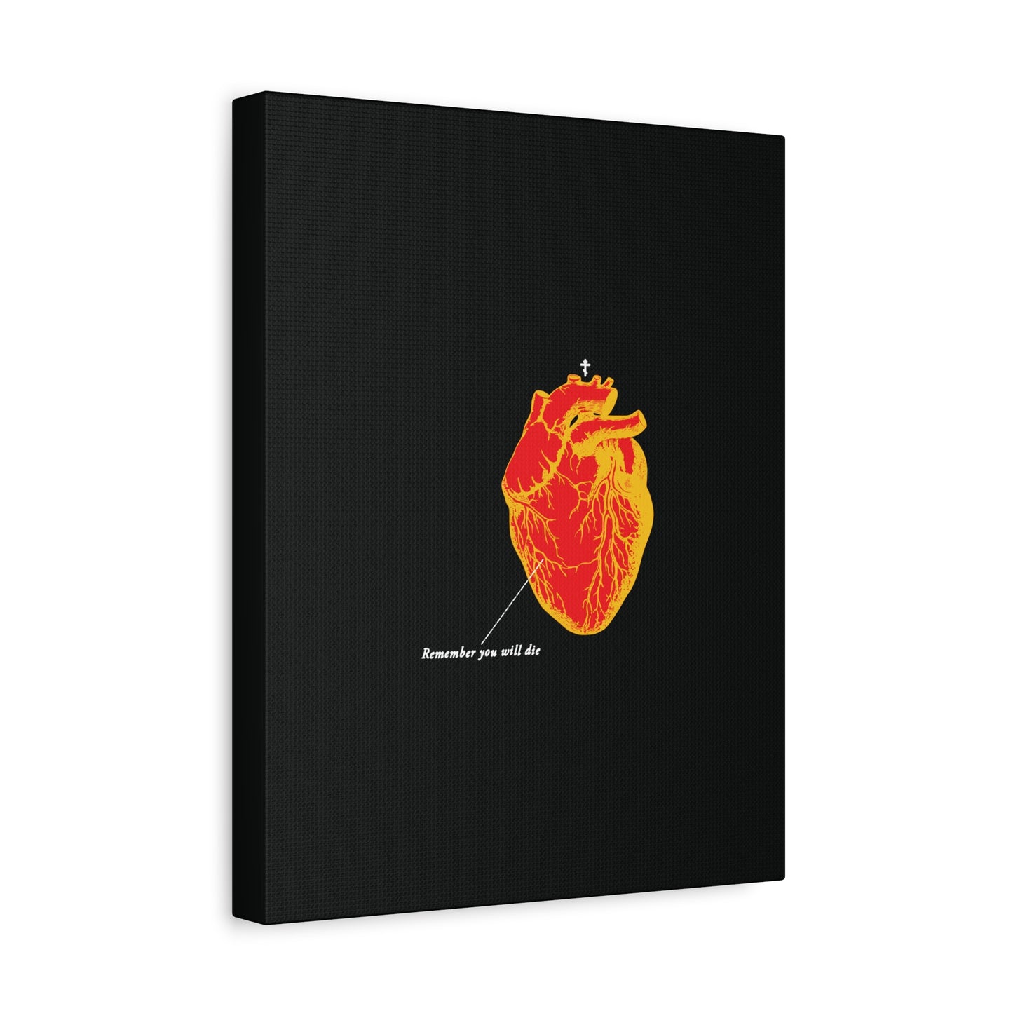 The "Remember You Will Die Retro Medical Textbook Heart" canvas features an inverted red & orange anatomical heart on black, with text that reflects the memento mori and Orthodox Christian tradition.