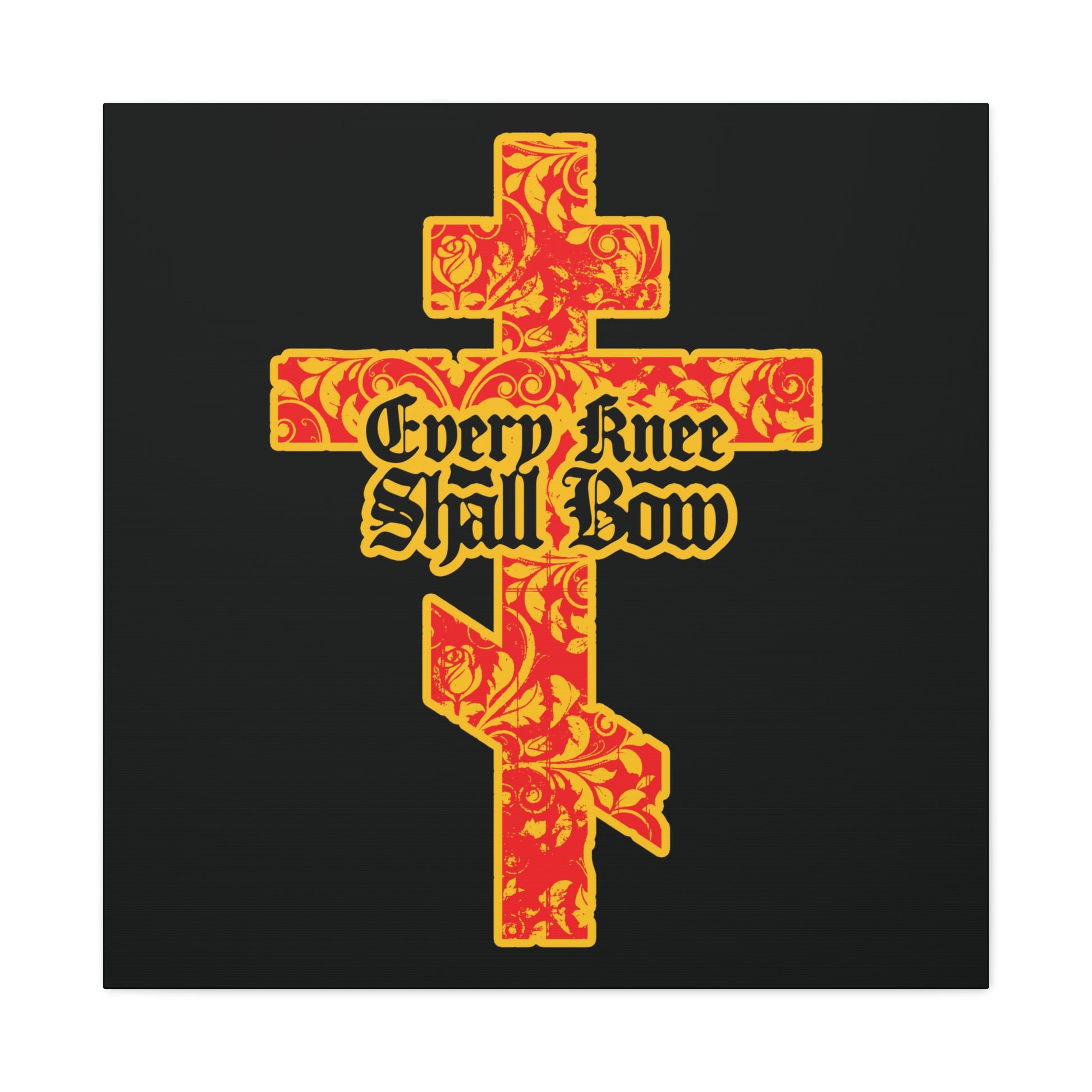 A striking black-background wall art featuring a gold and red floral Orthodox cross with gothic "Every Knee Shall Bow" lettering (Isaiah 45:22-24, Phil 2:7-11), perfect for Christian decor.