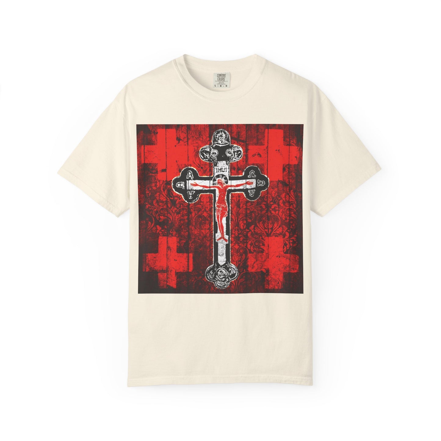 Ivory Alpha & Omega Art Cross heavyweight cotton unisex tee featuring a black and white Crucifix Orthodox iconographic design on a bold red, white, and black background, inspired by the Adoration of the Precious and Life-Giving Cross during Great Lent.