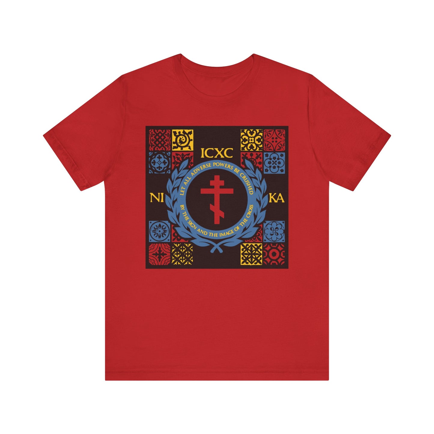 Red Let All Adverse Powers Be Crushed t-shirt with a medieval tile design in red, yellow & blue, ICXC NIKA lettering—lightweight unisex cotton honoring Byzantine art and the Katavasia of the Cross.