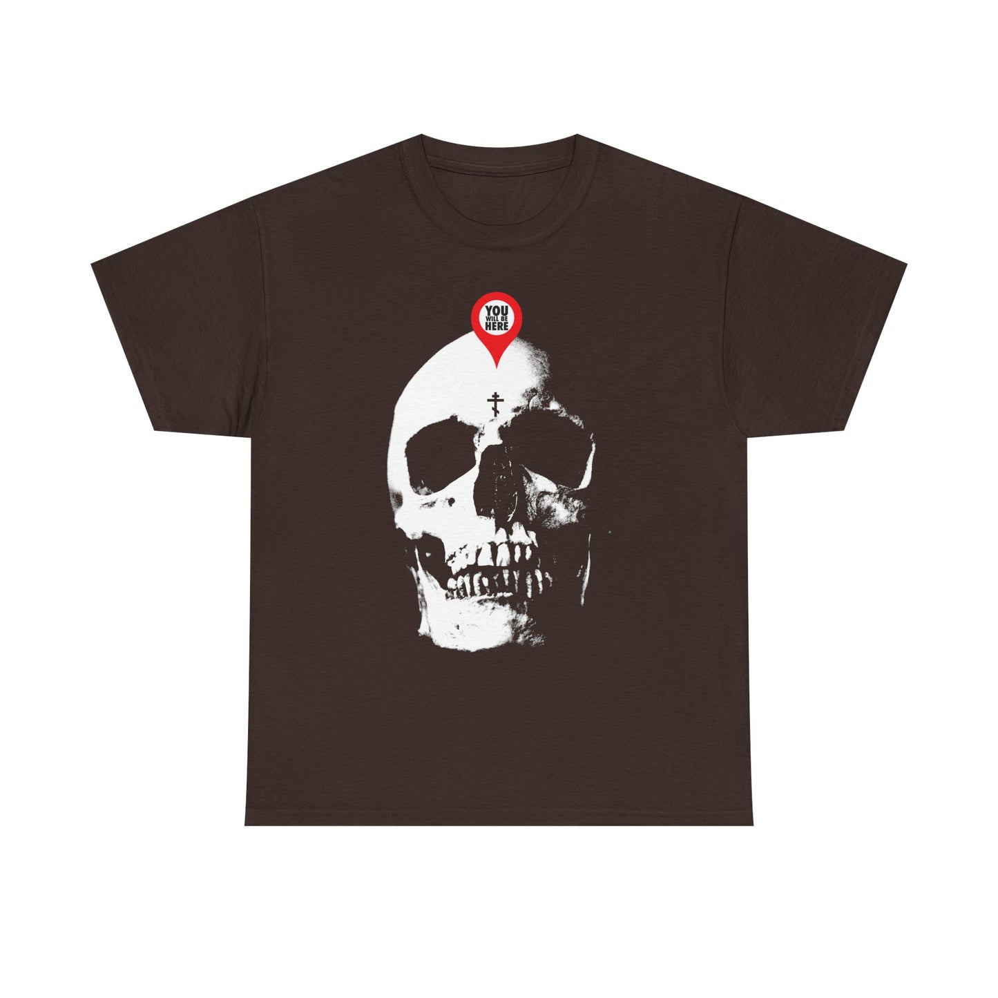 Dark Chocolate unisex tee featuring a large white skull with a red map marker on the forehead—Memento Mori design inspired by St. Ignatius Brianchaninov’s reflections on spiritual death. "What You Are I Once Was" theme in midweight cotton.