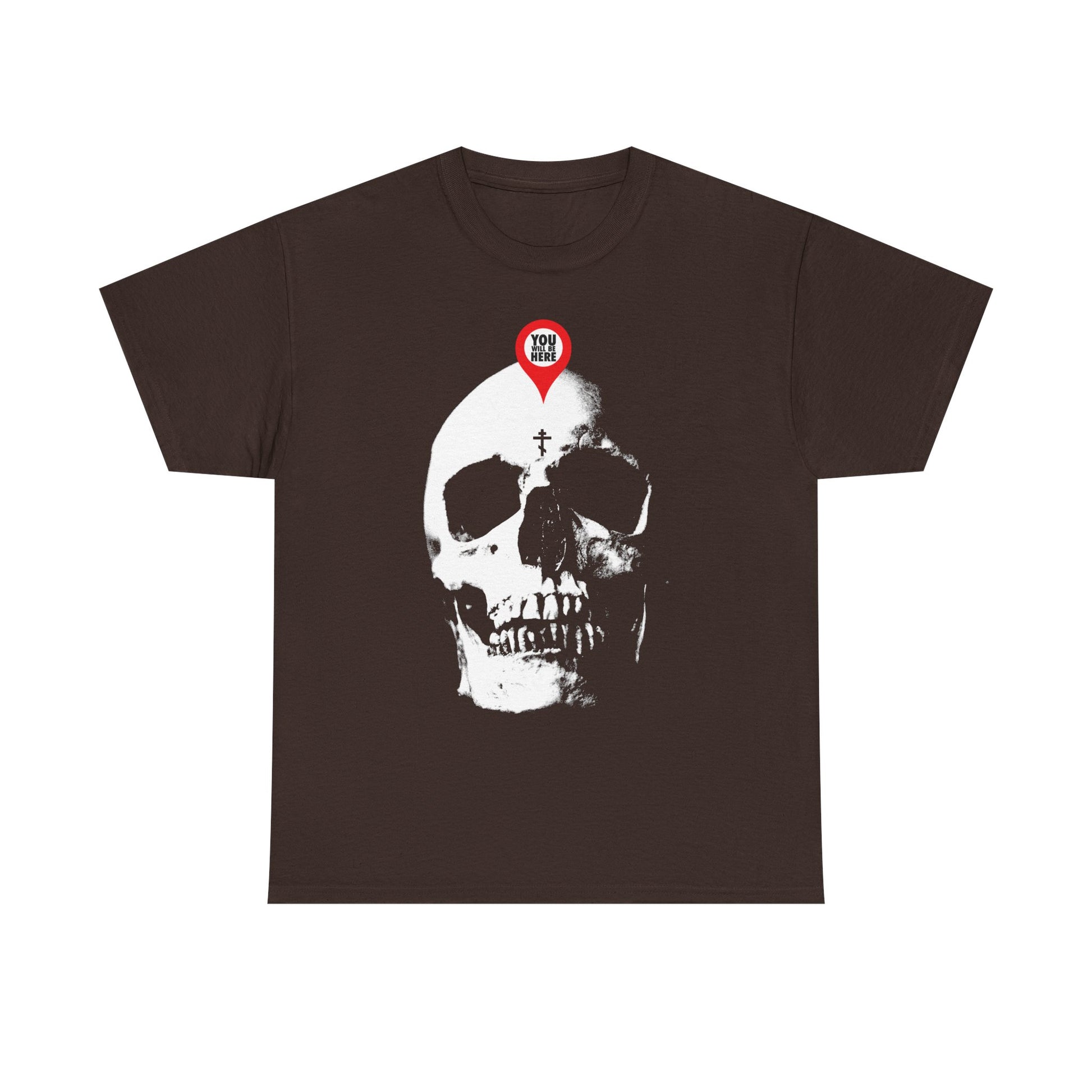 Dark Chocolate unisex tee featuring a large white skull with a red map marker on the forehead—Memento Mori design inspired by St. Ignatius Brianchaninov’s reflections on spiritual death. "What You Are I Once Was" theme in midweight cotton.