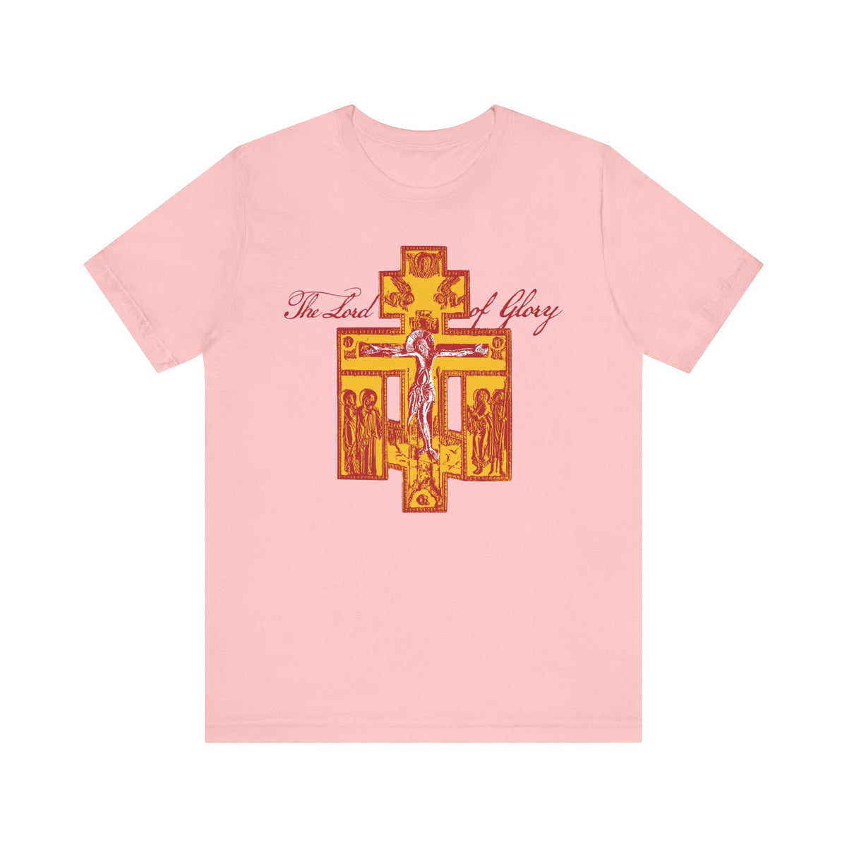 Presenting the "The Lord of Glory | Russian Golgotha Crucifix IconoGraphic" unisex t-shirt in pink—a lightweight cotton tee featuring a striking red and gold cross design with "The Lord of Glory" above it, inspired by 1 Corinthians 2:8 and Orthodox Christian tradition.