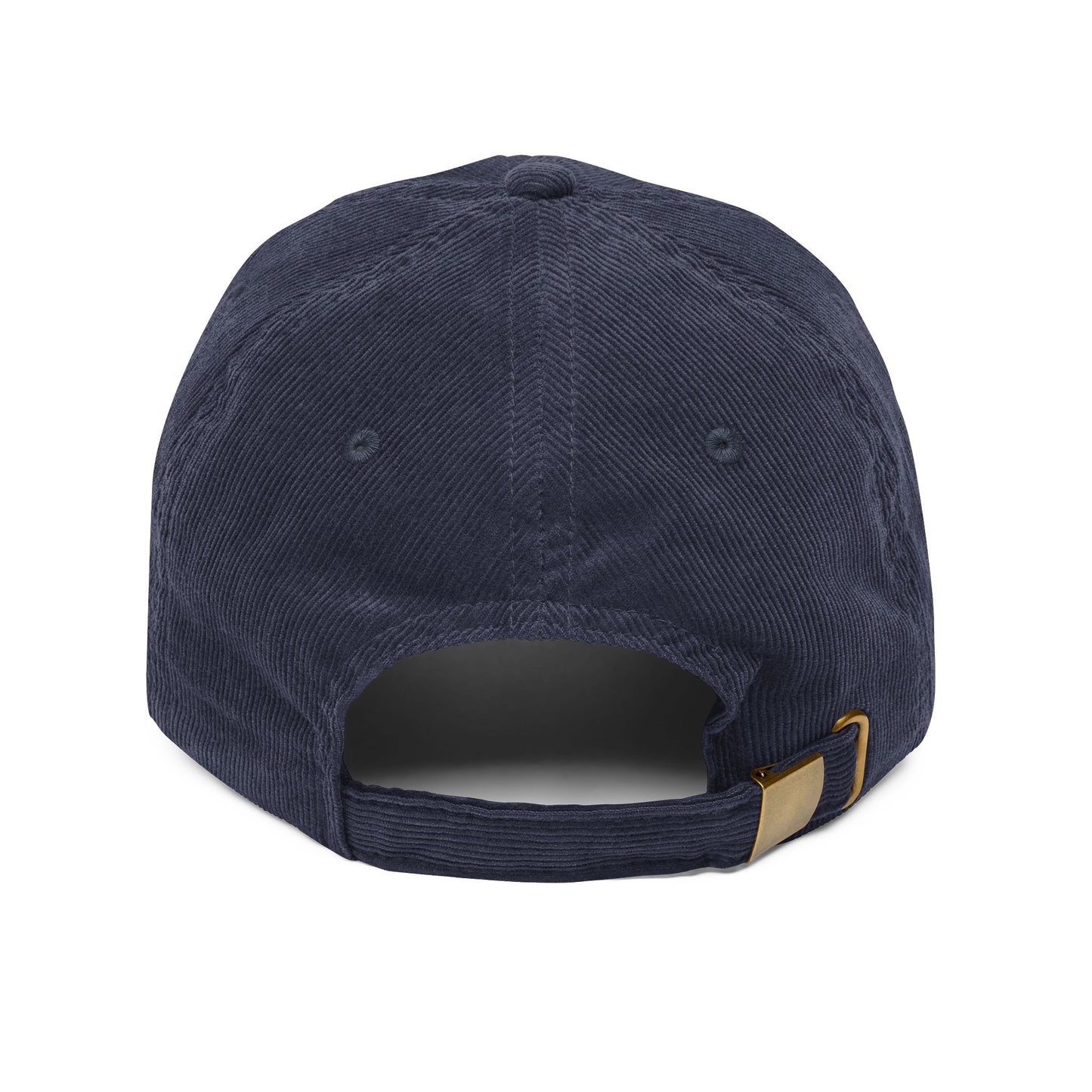 Navy blue cotton corduroy cap with adjustable strap and metal buckle, featuring a simple white Orthodox TriBar Cross—an embroidered symbol of faith and unseen warfare against demons.