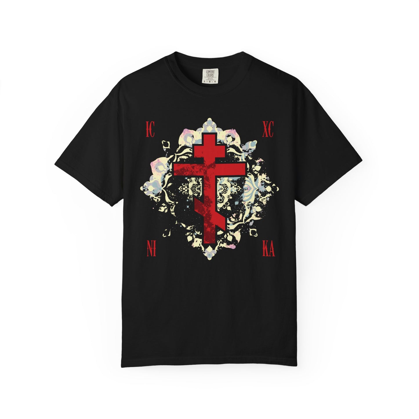 Black heavyweight cotton unisex tee featuring a textured red Orthodox cross with ICXC NIKA and a medieval floral background—a bold tribute to Christ's victory.