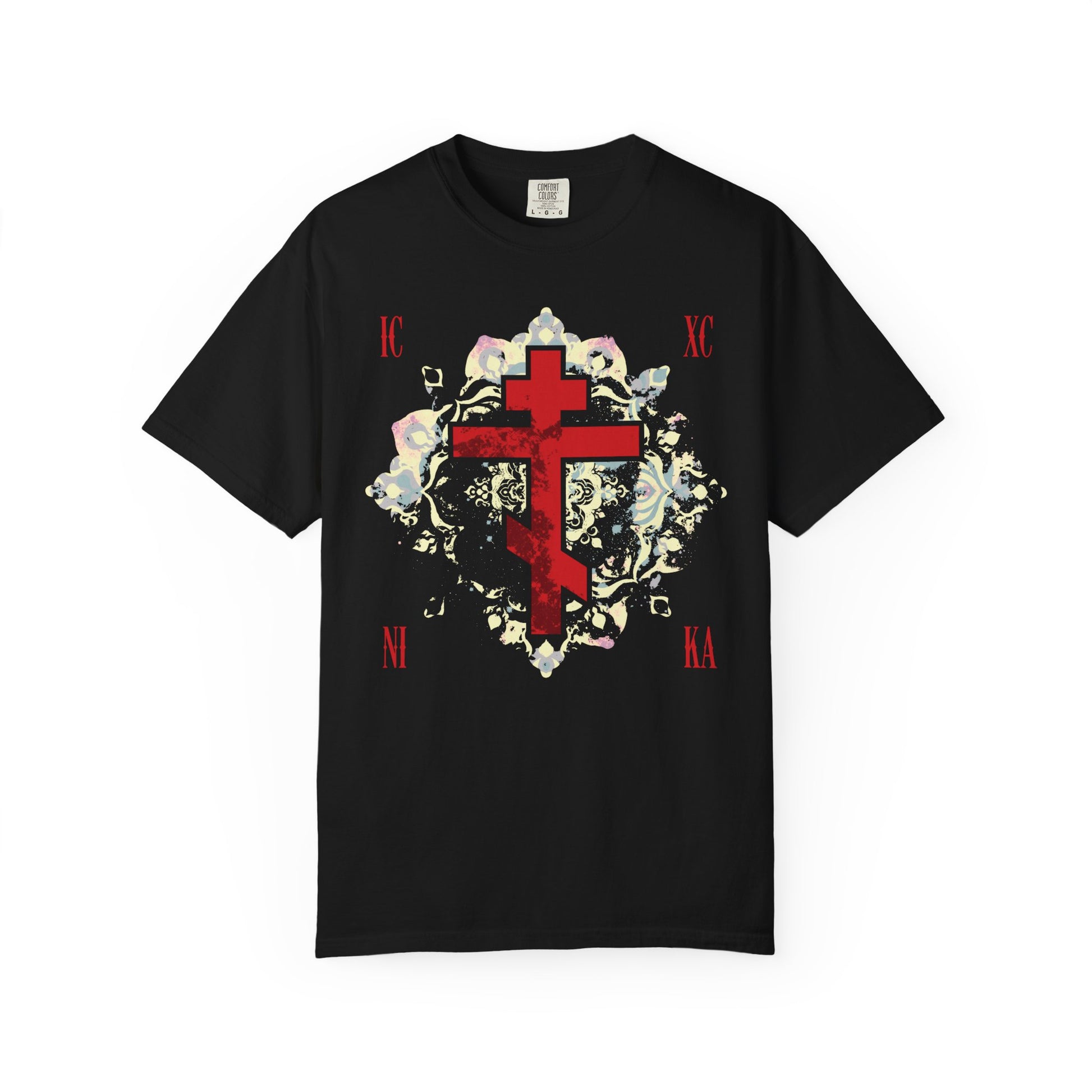 Black heavyweight cotton unisex tee featuring a textured red Orthodox cross with ICXC NIKA and a medieval floral background—a bold tribute to Christ's victory.