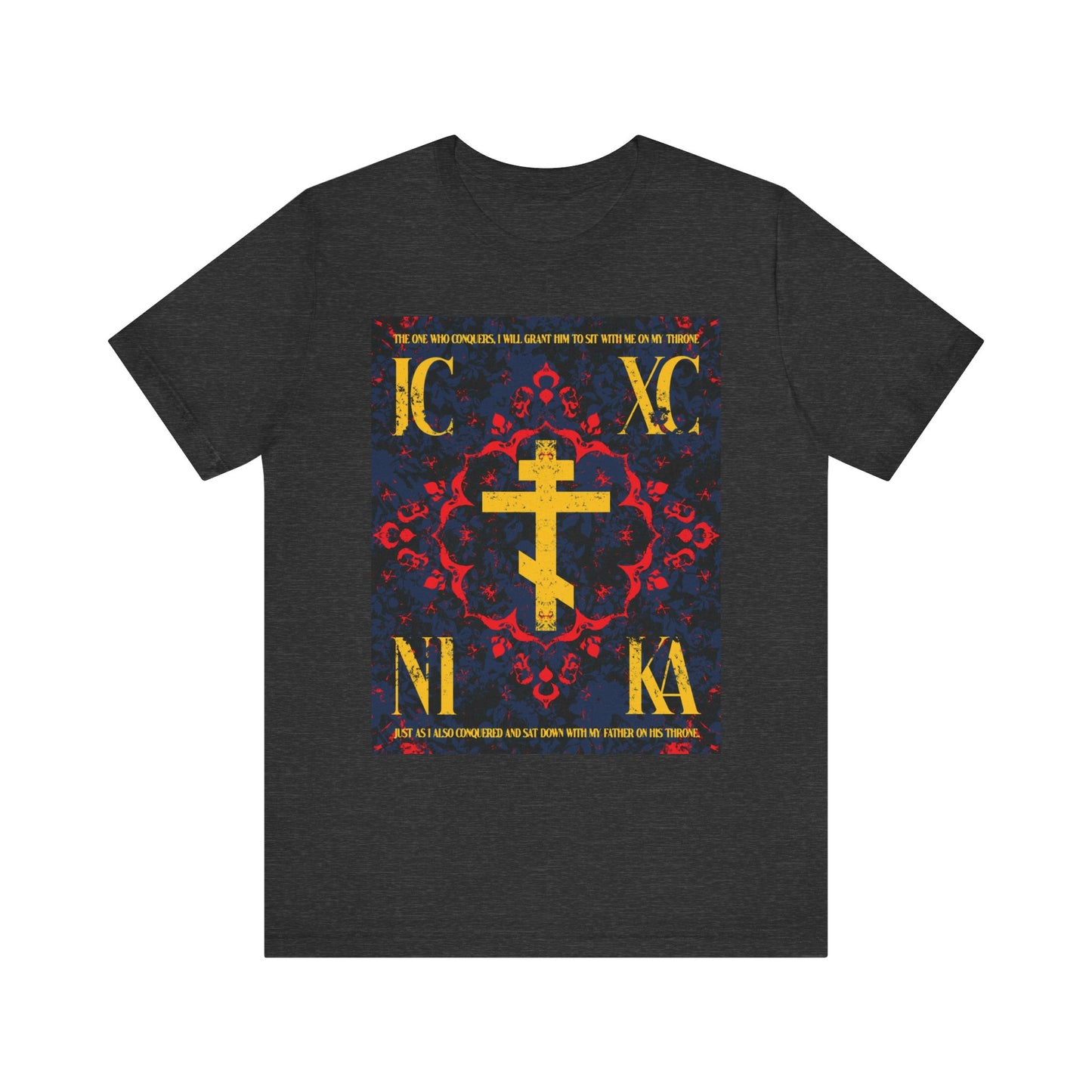 Dark Grey Heather unisex t-shirt featuring the IC XC NIKA Orthodox Cross with a medieval floral design and "The One Who Conquers" (Revelation 3:21), made from lightweight cotton.