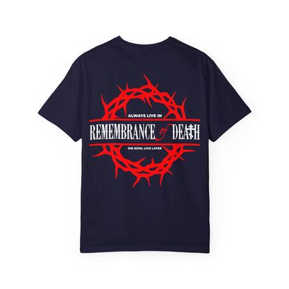 Stay mindful with our "Always Live In Remembrance of Death" Orthodox Heavyweight Cotton Unisex Tee, featuring a bold red crown of thorns design and the striking message inspired by St. John Climacus. The back showcases the powerful reminder: REMEMBRANCE OF DEATH, while a red cross accents the front left breast—encouraging you to die now, live later through continual spiritual awareness. Navy color.