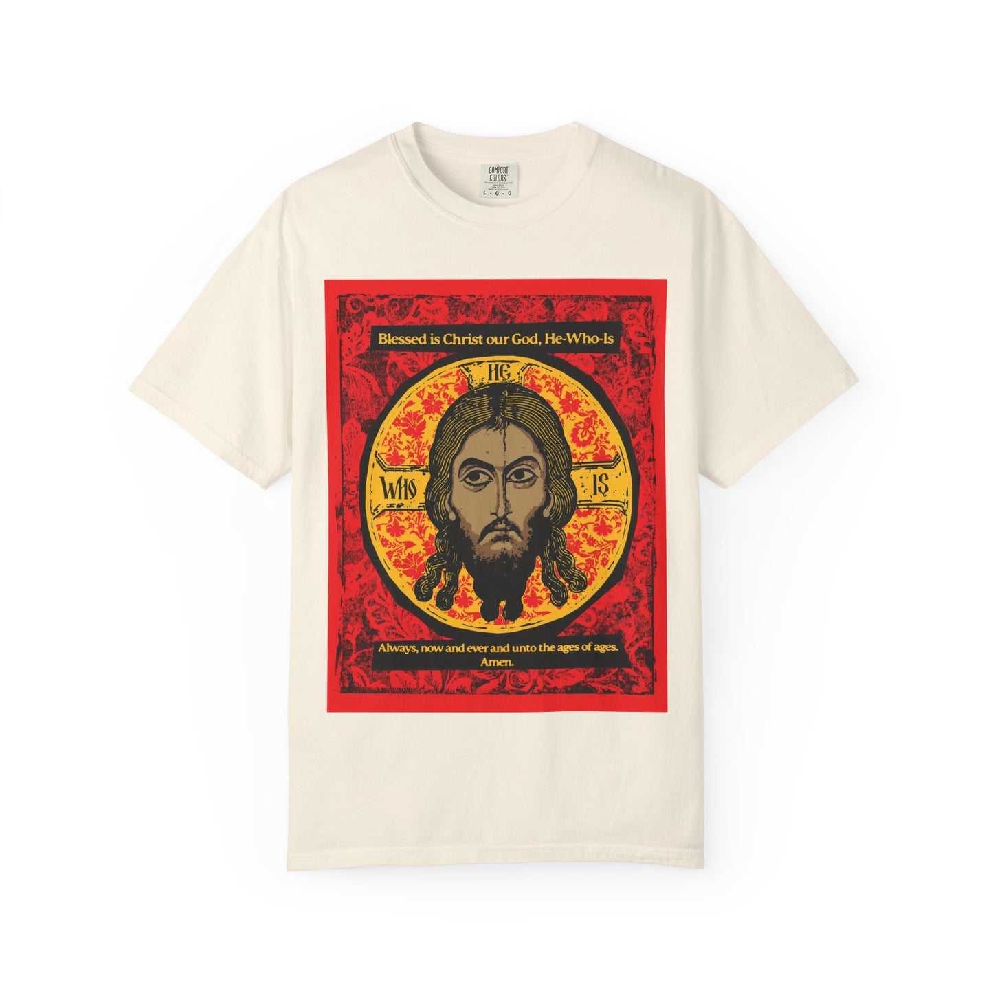 Ivory "Made Without Hands" t-shirt with Jesus Christ Orthodox icono-graphic design, inspired by the Mandylion and Troparion Tone 2; heavyweight cotton unisex style with text on Christ veneration.