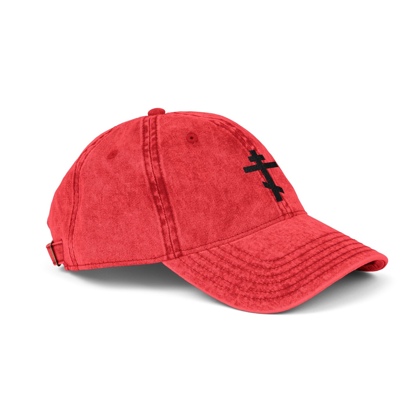Simple Black Orthodox TriBar Cross Cap: a red, minimalist, distressed embroidered baseball hat featuring a black double-barred divine Cross inspired by St. John of Kronstadt, displayed on a white background.