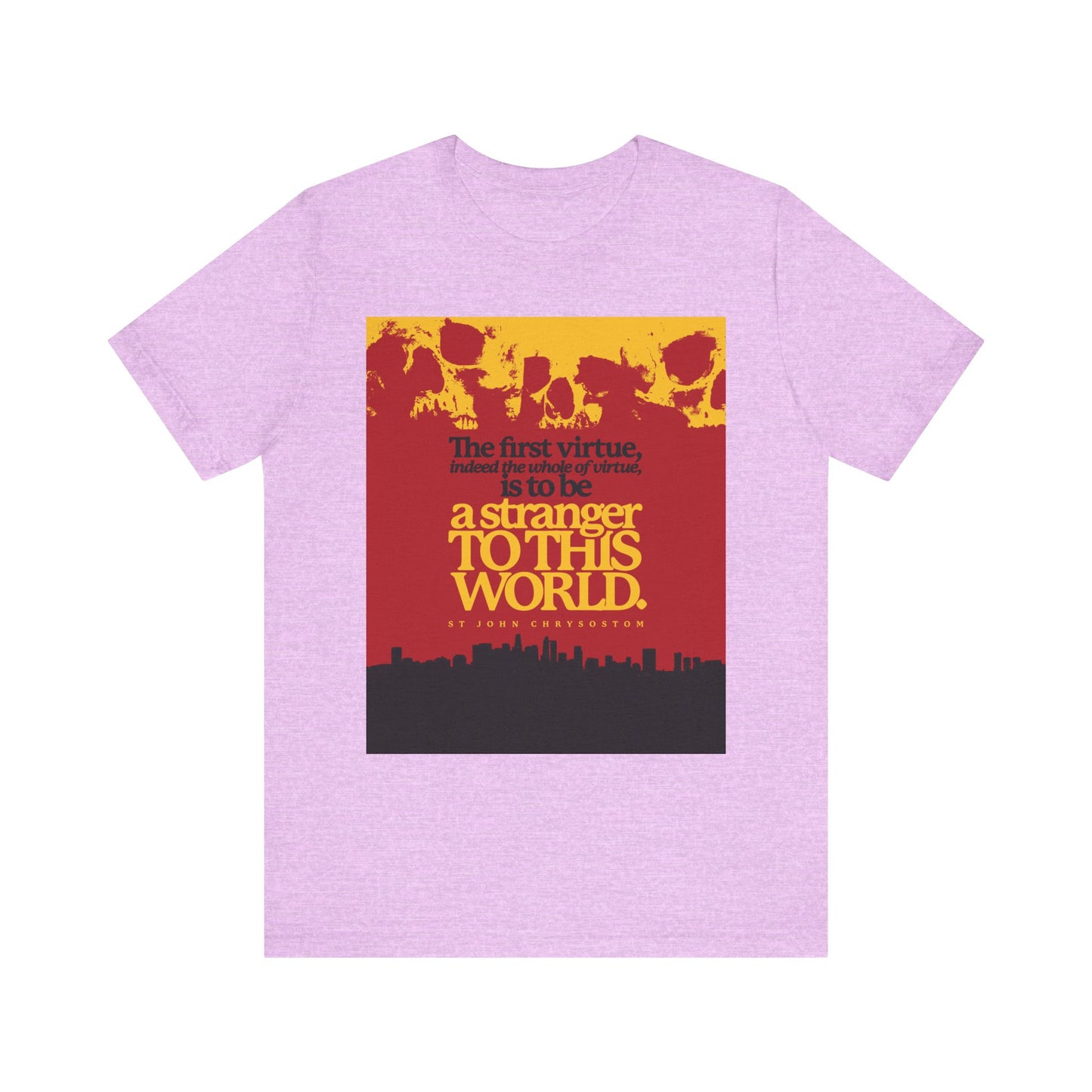 Heather Prism Lilac t-shirt with skulls and cityscape graphic, featuring "to be a stranger to this world," inspired by St John Chrysostom. Orthodox Christian lightweight cotton unisex tee.