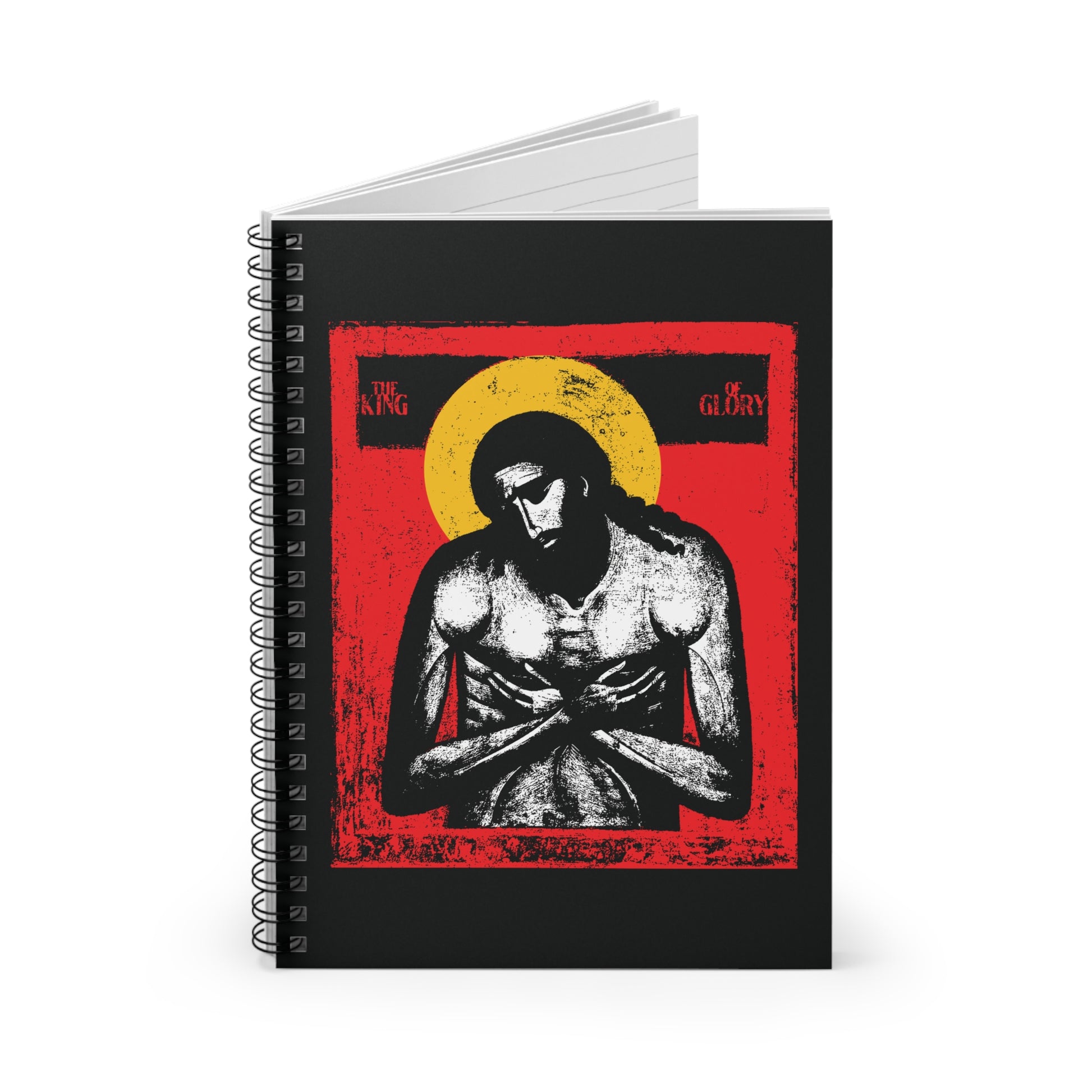 Spiral notebook titled "The King of Glory Jesus Christ 'Extreme Humility' IconoGraphic," with a red, yellow, white, and black devotional cover design inspired by Philippians 2:7-11.
