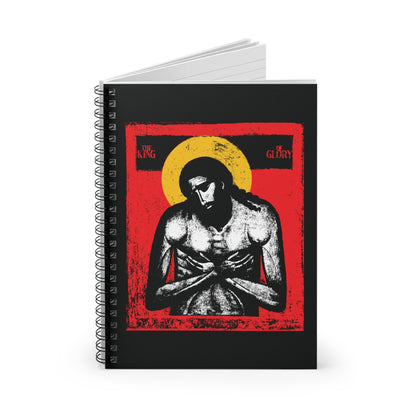Spiral notebook titled "The King of Glory Jesus Christ 'Extreme Humility' IconoGraphic," with a red, yellow, white, and black devotional cover design inspired by Philippians 2:7-11.