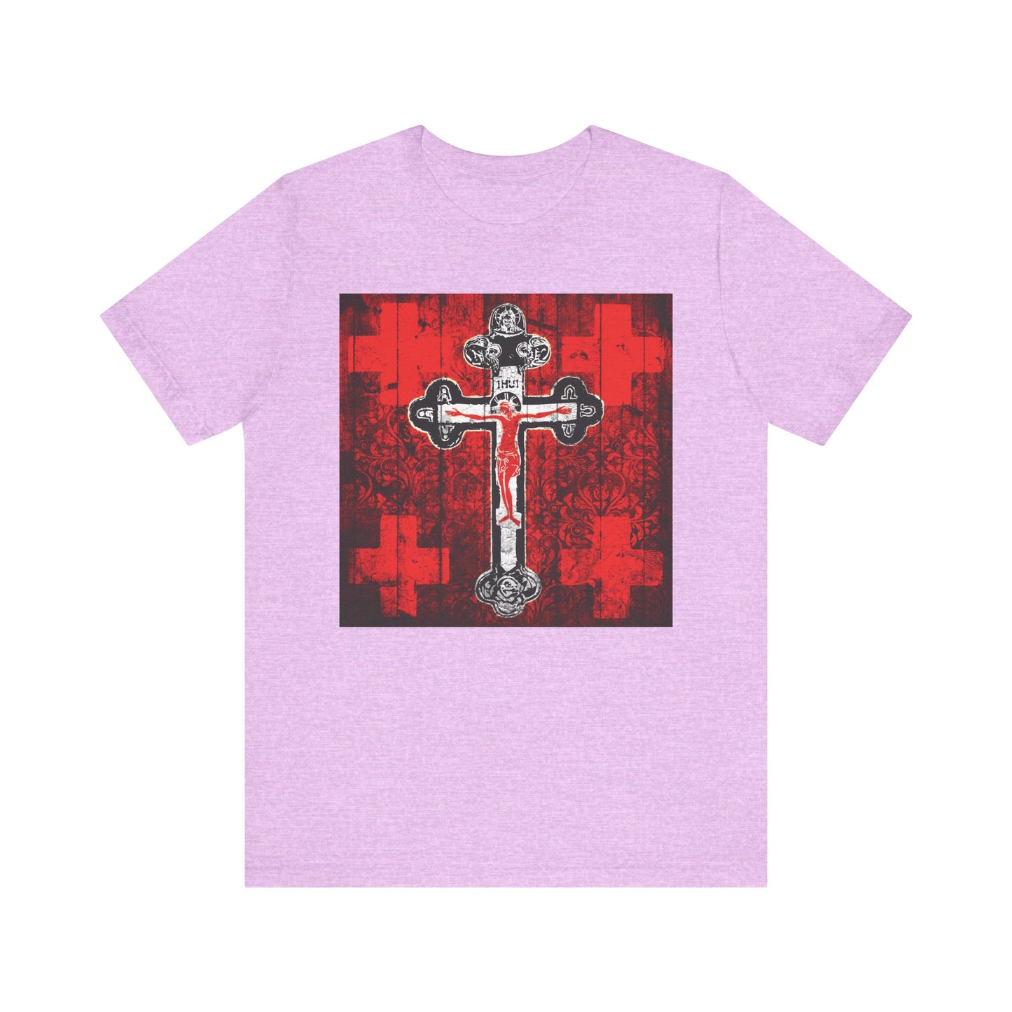 The Alpha & Omega Art Cross tee is a Heather Prism Lilac unisex cotton shirt with a red, white, and black crucifix graphic, inspired by Orthodox iconography—perfect for Great Lent or Vespers.