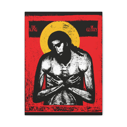 A stylized black and white Jesus Christ with a yellow halo on red, featuring "The King of Glory" text. Inspired by Isaiah 53. From the "Extreme Humility" IconoGraphic Christian Wall Art collection in red, yellow, white, and black.