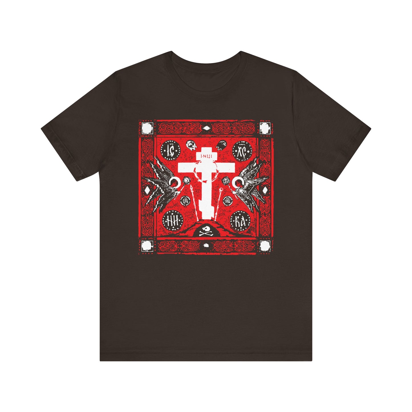 Brown t-shirt featuring the Adoration of Holy Cross IconoGraphic: a striking red, white, and black Russian cross with angels and decorative accents. Lightweight cotton, unisex fit.