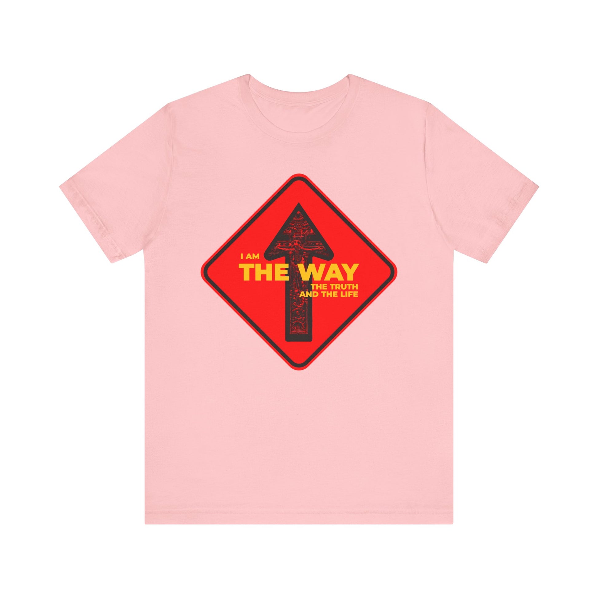 Pink unisex tee featuring a “One Way” arrow street sign and crucifix graphic with the phrase “I Am the Way, the Truth and the Life”—a bold Orthodox Christian statement in lightweight cotton.